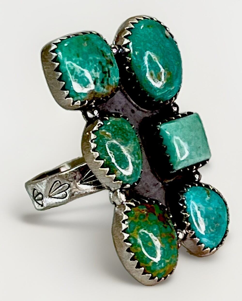 Southwest Sterling Silver Campitos Turquoise Multi Stone Cluster Ring Adj Sz 9g+
